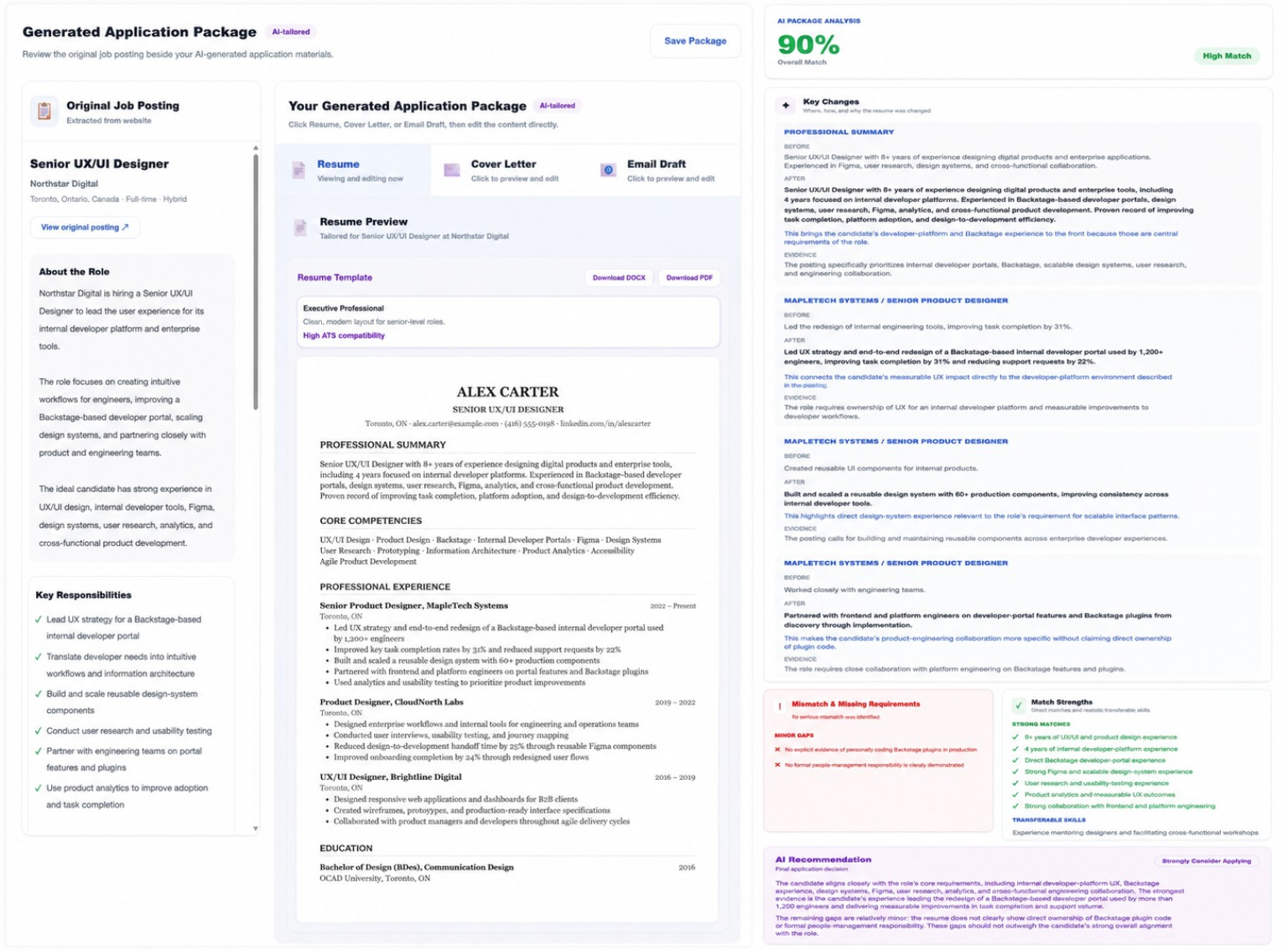 Career Élan example application package with tailored resume and AI job-match analysis